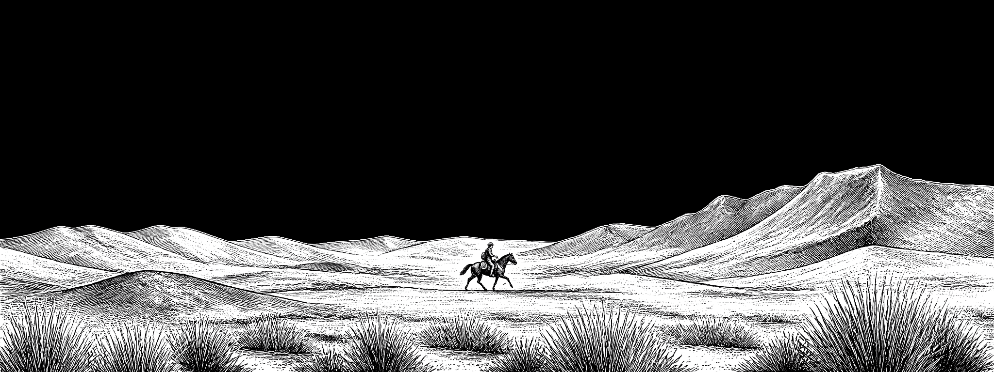 The courier: an engraved desert at dusk with a lone rider carrying a sealed letter