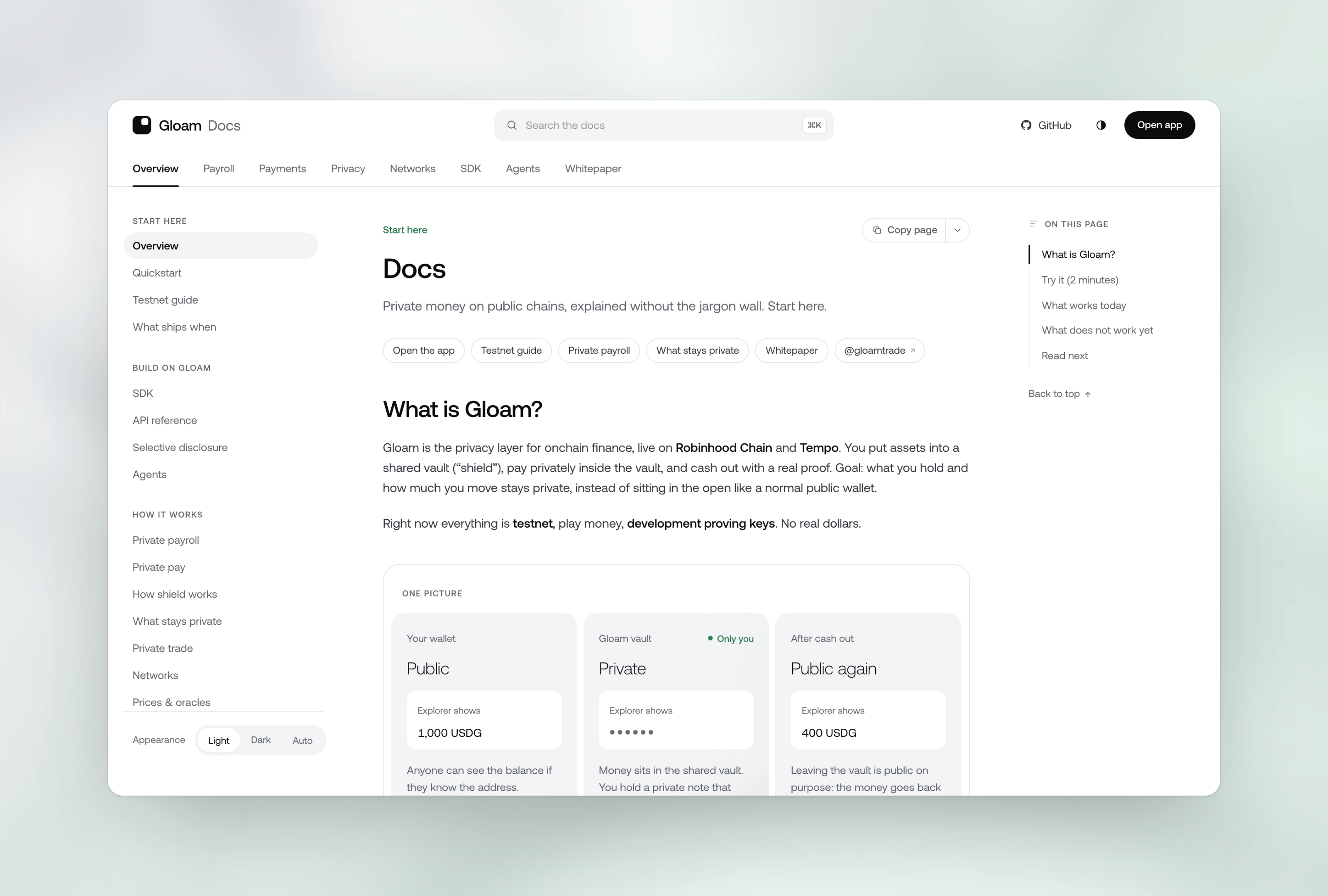 The Gloam docs overview page