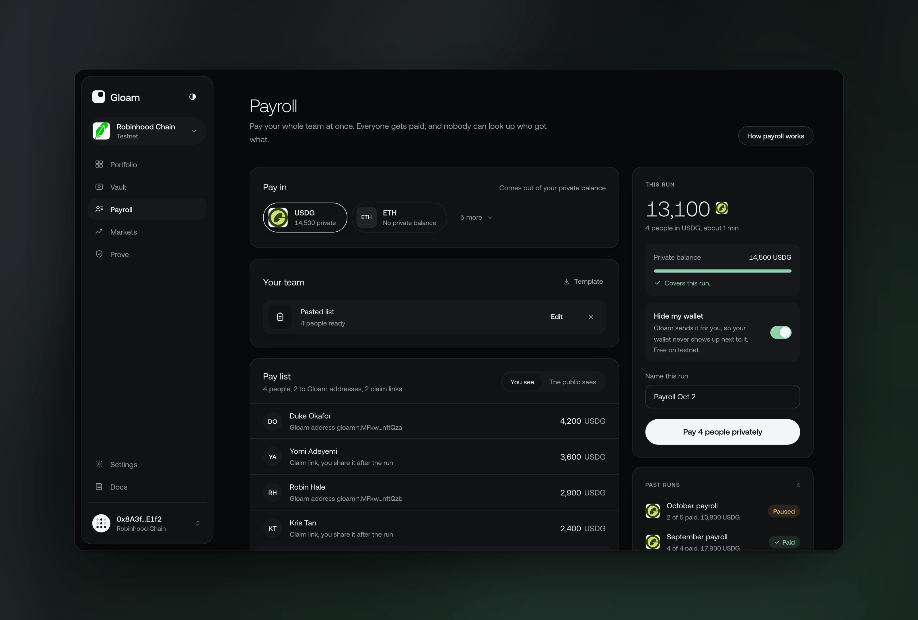 The Gloam payroll screen with a four person pay list