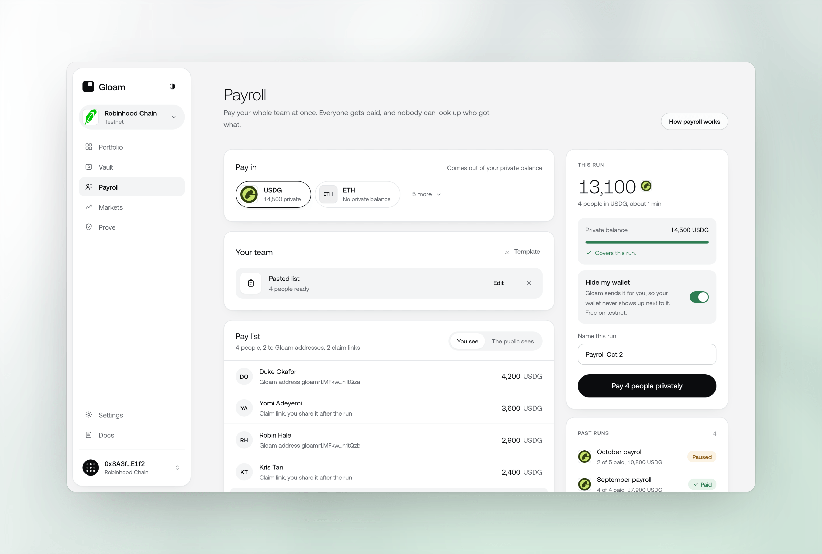 The Gloam payroll screen with a four person pay list