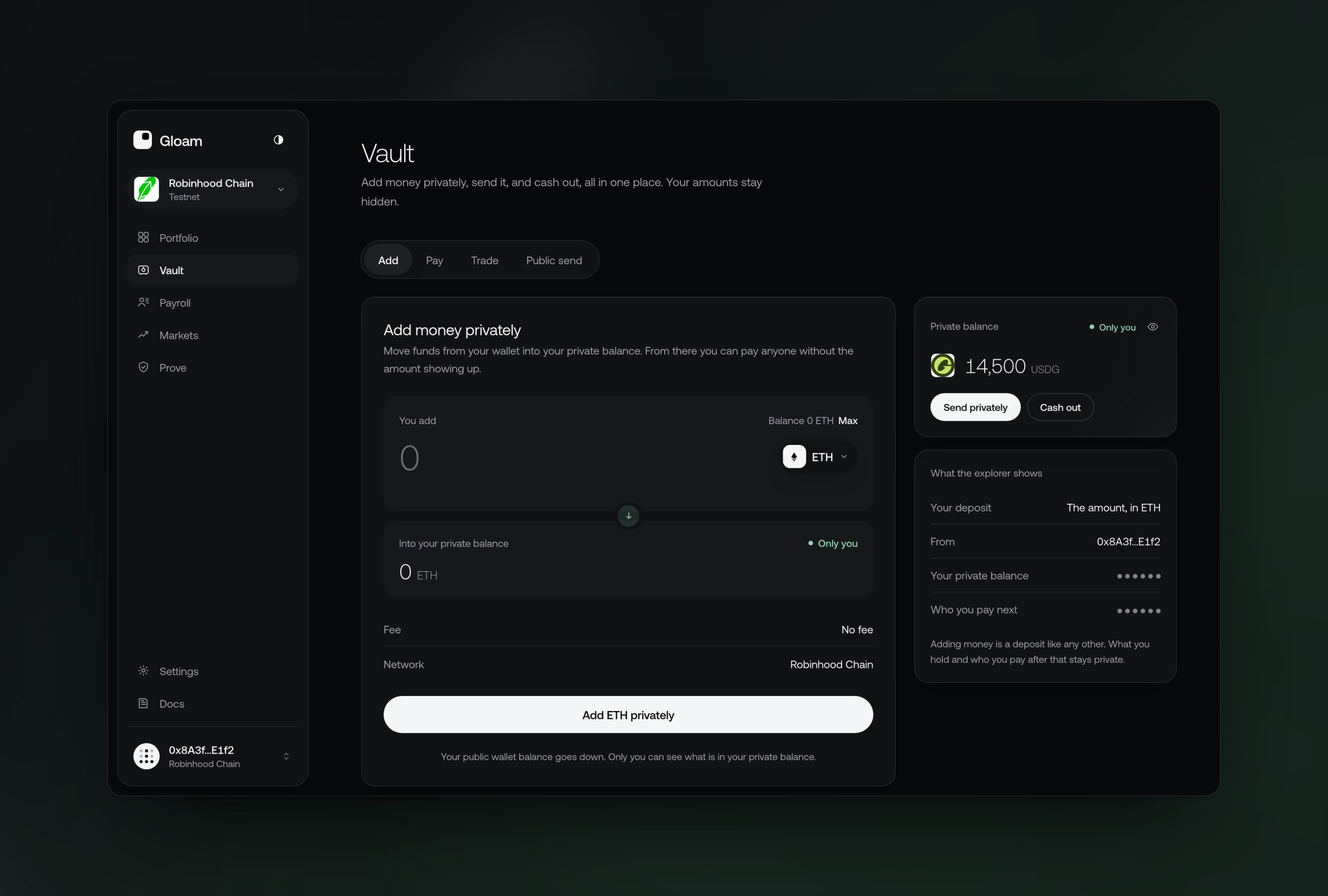 The Gloam vault screen with a private balance